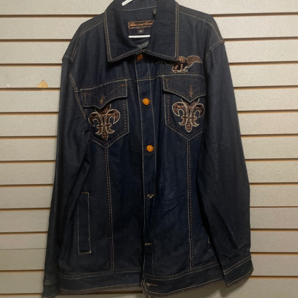 Knockout Jeans Denim Jacket 2X Embroidered Eagle Fleur de‎ Lis Menswear NWTS VTG